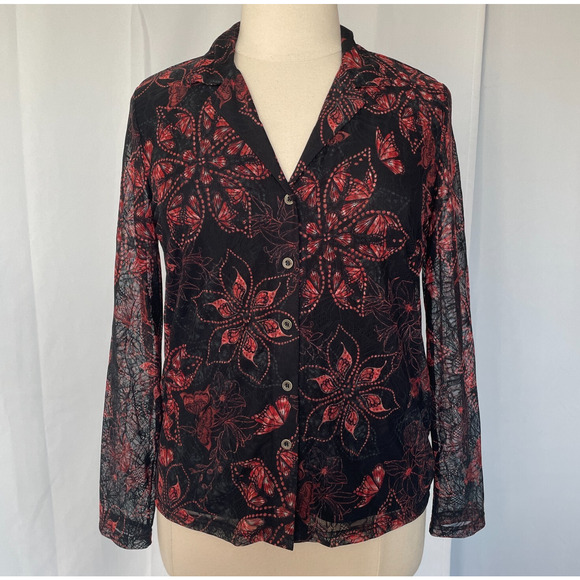 Y2K Top Womens Size Large Black Red Floral Mesh Fairy Grunge Whimsigoth Button - Picture 1 of 11